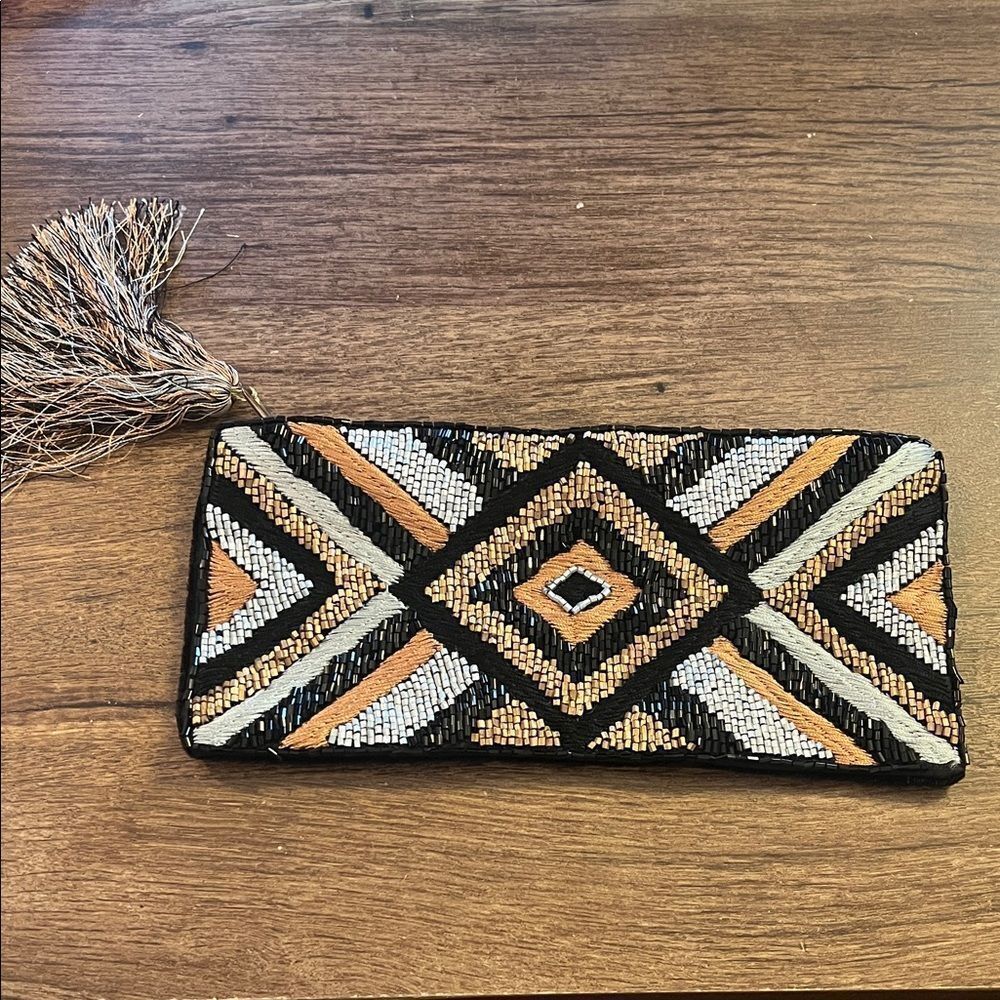 Mud Pie Geometric Beaded Clutch - Black, Gold, Silver, Tan